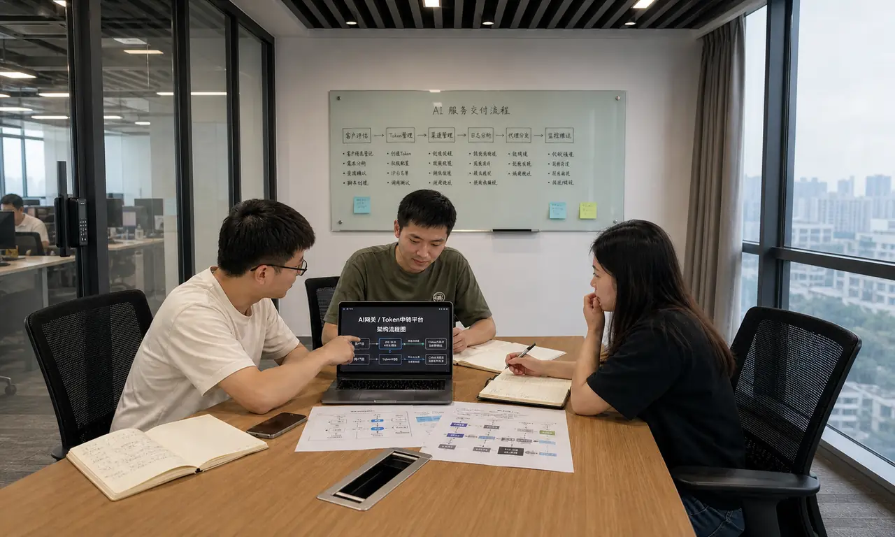 三位成员在会议室讨论 AI 网关和 Token 中转平台架构方案